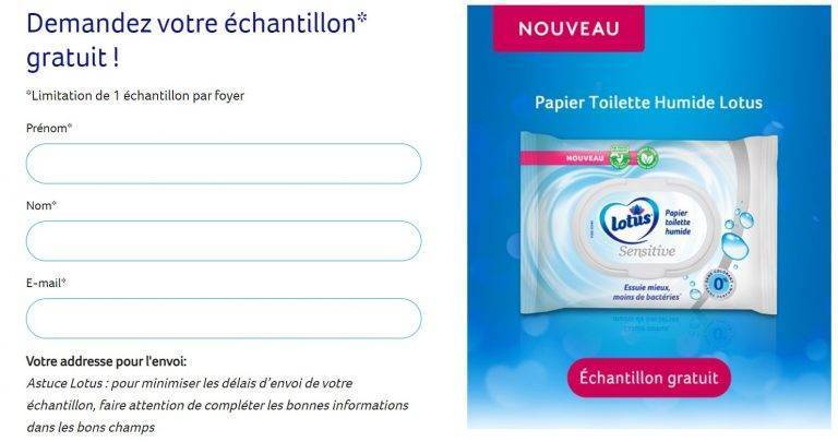 Obtenez un échantillon de papier toilette humide de la marque Lotus