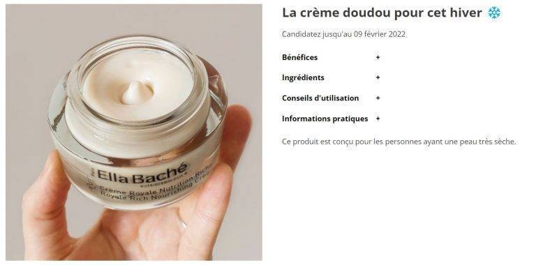 Testez gratuitement la Crème Royale Nutrition de la marque Ella baché [Campagne Janvier – Février 2022]