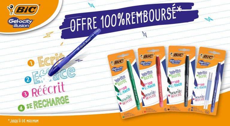 Offre 100% remboursé pour l&rsquo;achat d&rsquo;un produit Bic Gel-ocity Illusion à partir du 02/05/2022 et dans la limite des remboursements disponibles