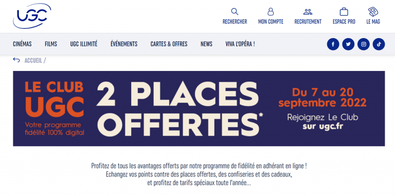 2 places de cinéma UGC offertes pour toute adhésion au programme fidélité du 7 au 20 septembre 2022