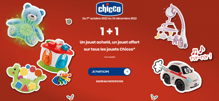 Un jouet acheté = Un jouet offert sur tous les jouets Chicco (hors : trotteurs et fauteuil Twist) du 1er octobre 2022 au 24 décembre 2022