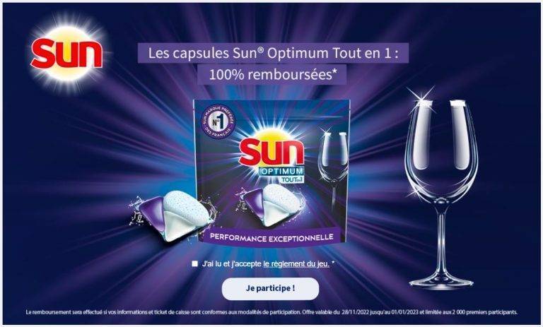 Capsules Sun Optimum Tout en 1 : 100% remboursées [Du 28/11/2022 au 01/01/2023 inclus, dans les magasins Hyper U et Super U participants]