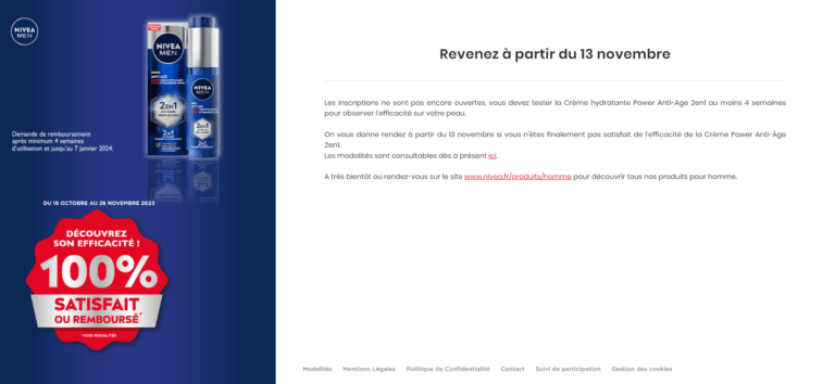 100% satisfait ou remboursé sur le produit CREME HYDRATANTE NIVEA MEN ANTI-AGE POWER (du 16 octobre et le 26 novembre 2023)