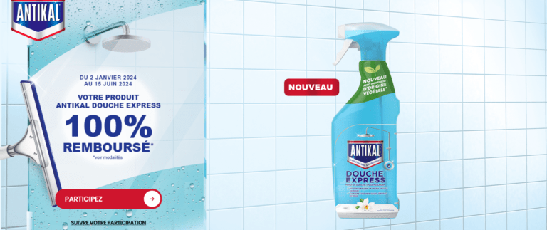 100% REMBOURSE SUR ANTIKAL DOUCHE EXPRESS (du 2 janvier 2024 au 15 juin 2024)