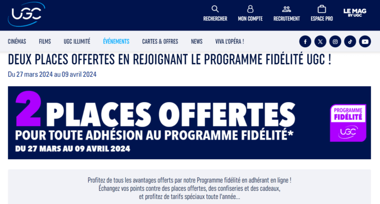 2 places de cinéma UGC offertes pour toute adhésion au programme fidélité du 27 mars 2024 au 09 avril 2024