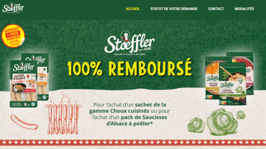 100% remboursé pour l’achat d’un sachet de la gamme choux cuisinés ou pour l’achat d’un pack de saucisses d’Alsace à poêler de la marque Stoeffler – Offre valable du 01/03/2024 au 31/05/2024