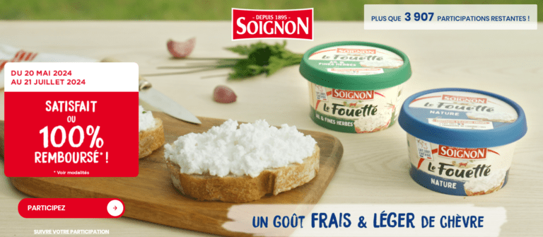 Entre le 20 mai 2024 et le 21 juillet 2024, Offre Satisfait ou 100% Remboursé pour l’achat d’un produit Le Fouetté Soignon participant