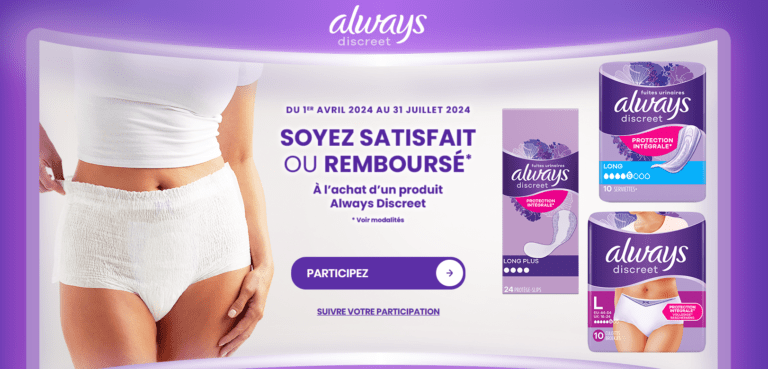 Satisfait ou remboursé pour l&rsquo;achat d&rsquo;un produit Always Discreet [DU 1ER AVRIL 2024 AU 31 JUILLET 2024]