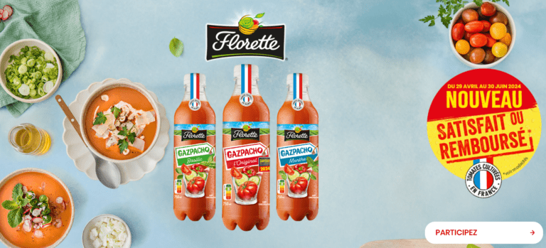 Du 29/04/2024 au 30/06/2024, pour l’achat d’un gazpacho de la marque Florette (Gazpacho Original, Gazpacho Menthe, Gazpacho Basilic), FLORETTE vous rembourse le prix de votre produit si vous n’êtes pas satisfait.
