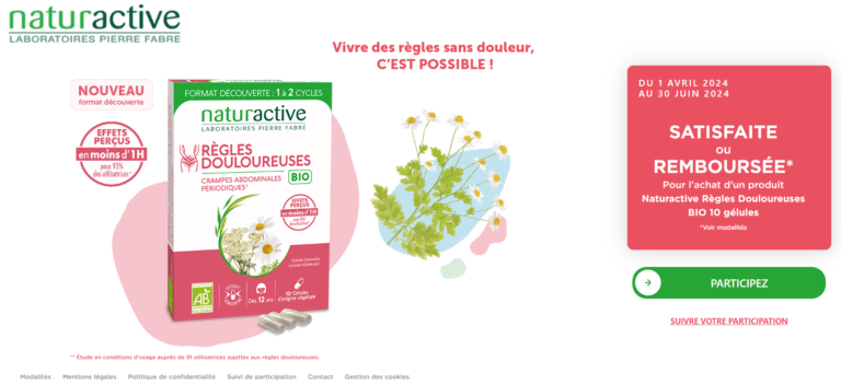 SATISFAITE ou REMBOURSÉE pour l&rsquo;achat d&rsquo;un produit Naturactive Règles Douloureuses BIO 10 gélules [DU 1 AVRIL 2024 AU 30 JUIN 2024]