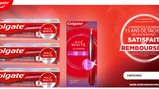 Entre le 09/09/2024 et le 09/11/2024, offre de remboursement d’un dentifrice de la gamme Colgate Maxwhite (parmi quelques références)