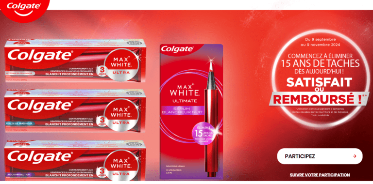 Entre le 09/09/2024 et le 09/11/2024, offre de remboursement d&rsquo;un dentifrice de la gamme Colgate Maxwhite (parmi quelques références)